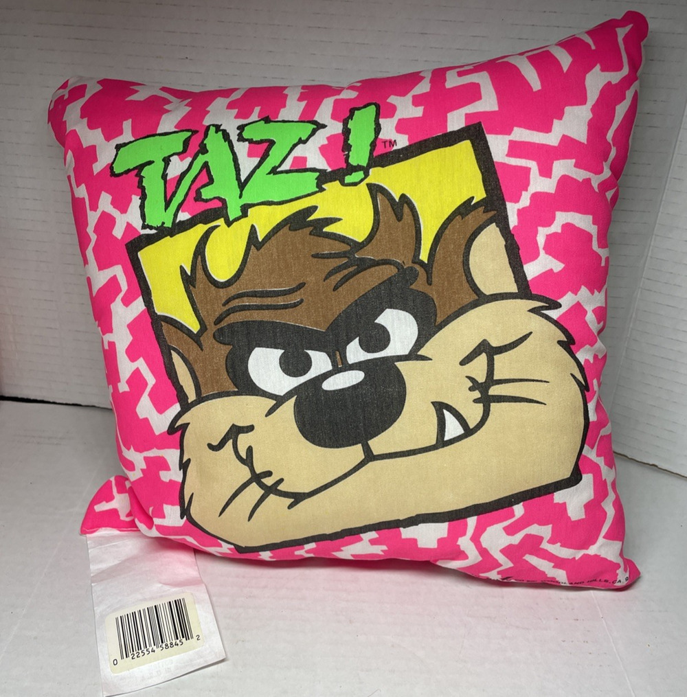 Taz Tasmanian Devil 1991 Warner Bros Looney Tunes Neon Pink Square Pillow RETRO!